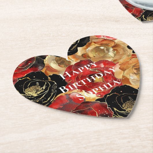 Red Gold Glam Bloemen Verjaardag Kartonnen Onderzetters (Gekanteld)