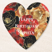 Red Gold Glam Bloemen Verjaardag Kartonnen Onderzetters (Voorkant)