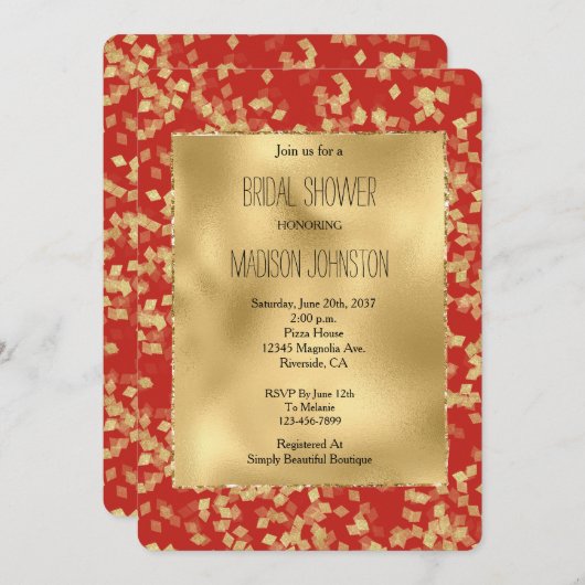 Red Gold Glam Confetti Abstract Vrijgezellenfeest Kaart (Voorkant / Achterkant)