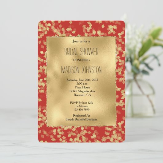 Red Gold Glam Confetti Abstract Vrijgezellenfeest Kaart (Staand voorkant)