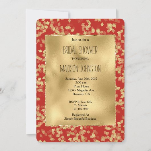 Red Gold Glam Confetti Abstract Vrijgezellenfeest Kaart (Voorkant)
