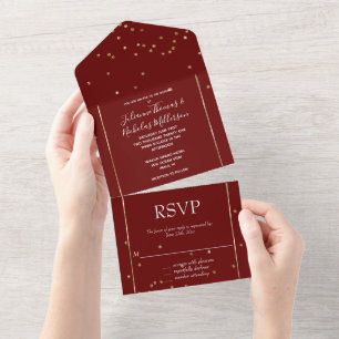 Red Gold Glam Confetti bruiloft All In One Uitnodiging