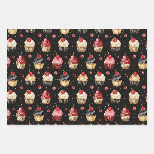 Red Gold Glam Cupcakes Bloemen Verjaardag Inpakpapier Vel (Voorkant)