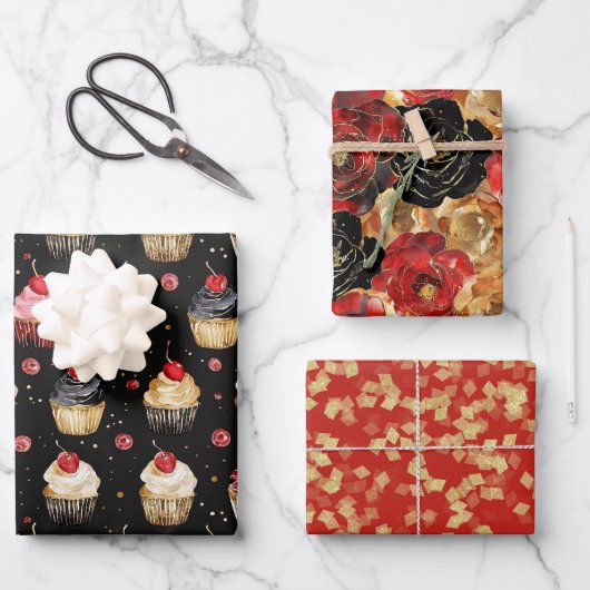 Red Gold Glam Cupcakes Bloemen Verjaardag Inpakpapier Vel (Voorkant)