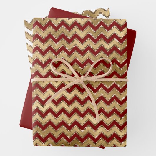 Red Gold Glam Zigzag Stripes Kerstmis Inpakpapier Vel (In situ)