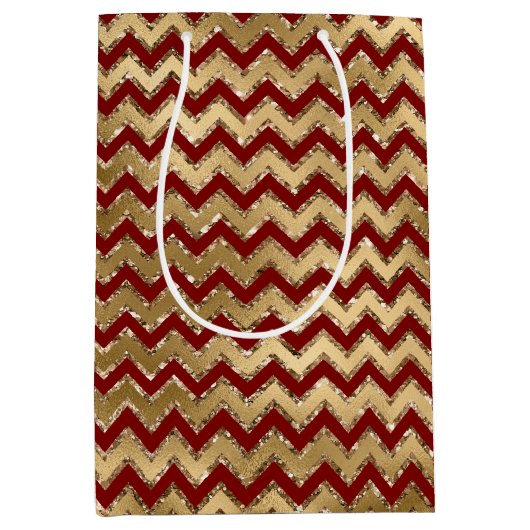 Red Gold Glam Zigzag Stripes Kerstmis Medium Cadeauzakje (Voorkant)