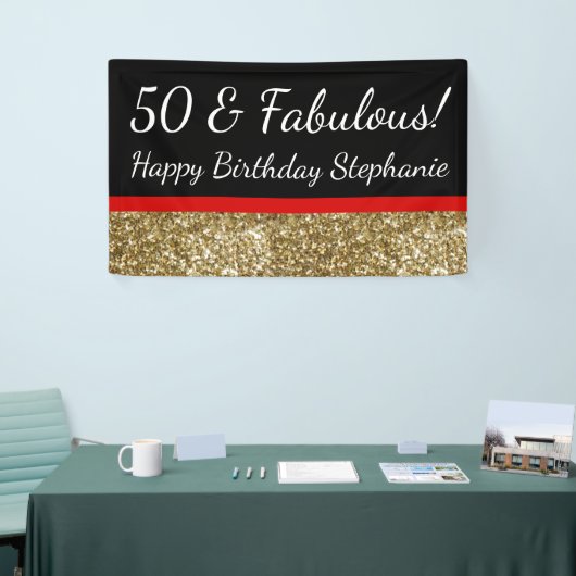 Red Gold Glitter 50th Fabulous Birthday Party Spandoek (Beurs)