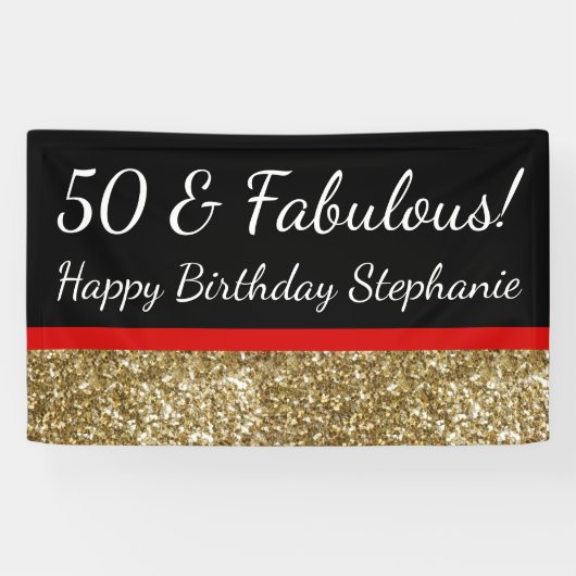 Red Gold Glitter 50th Fabulous Birthday Party Spandoek (Horizontaal)