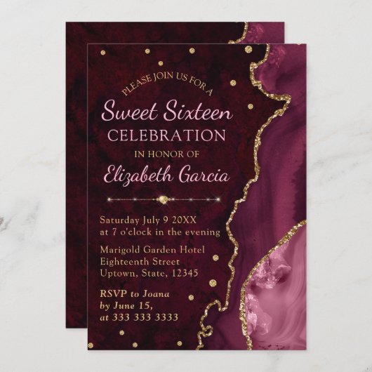Red & Gold Glitter Agate en marble Sweet 16 Kaart (Voorkant / Achterkant)