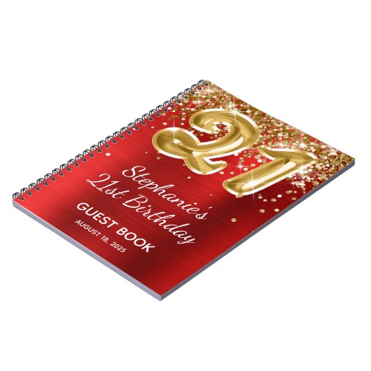 Red Gold Glitter Balloon 21st Birthday Guest Book Notitieboek (Linkerzijde)