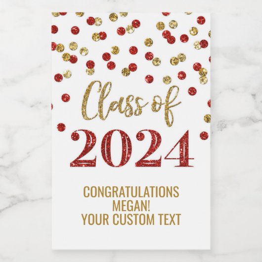 Red Gold Glitter Confetti Afstuderen Wijn Etiket (Enkel label)