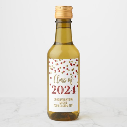 Red Gold Glitter Confetti Afstuderen Wijn Etiket (Voorkant)