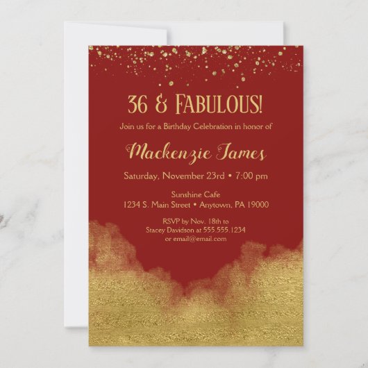 Red Gold Glitter Confetti Birthday Invitation Kaart (Voorkant)