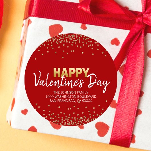 RED Gold Glitter Confetti HAPPY VALENTINE's DAG Ronde Sticker