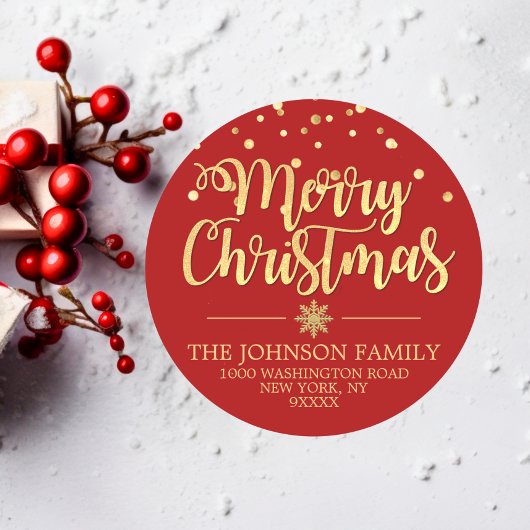 RED Gold Glitter Confetti Merry-kerstadres Ronde Sticker