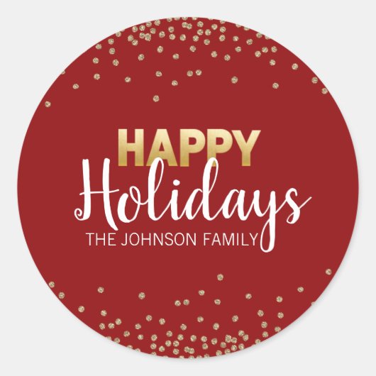 RED Gold Glitter Confetti Prettige feestdagen Xmas Ronde Sticker (Voorkant)