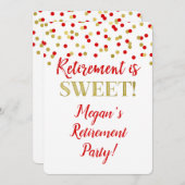 Red Gold Glitter Confetti Retirement Party Kaart (Voorkant / Achterkant)