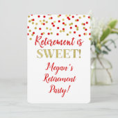 Red Gold Glitter Confetti Retirement Party Kaart (Staand voorkant)