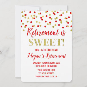 Red Gold Glitter Confetti Retirement Party Kaart