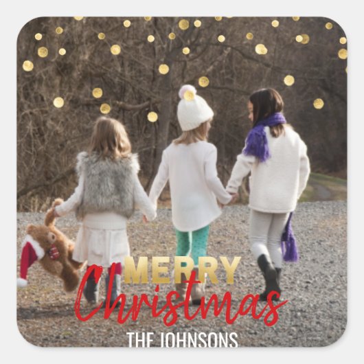 RED Gold Glitter Confetti Vrolijk kerstfeest | FOT Vierkante Sticker (Voorkant)