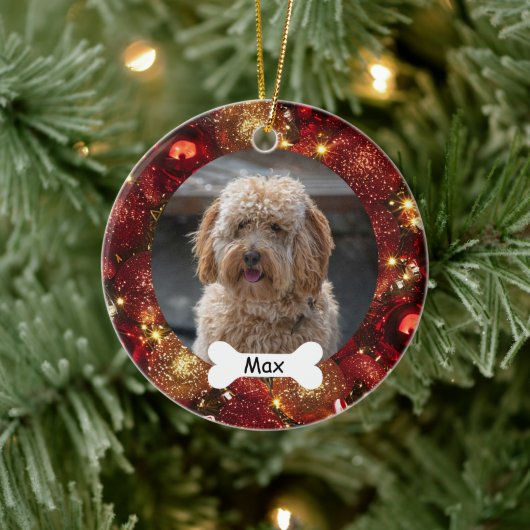 Red Gold Glitter Custom Pet Puppy Dog Foto Keramisch Ornament (Boom)