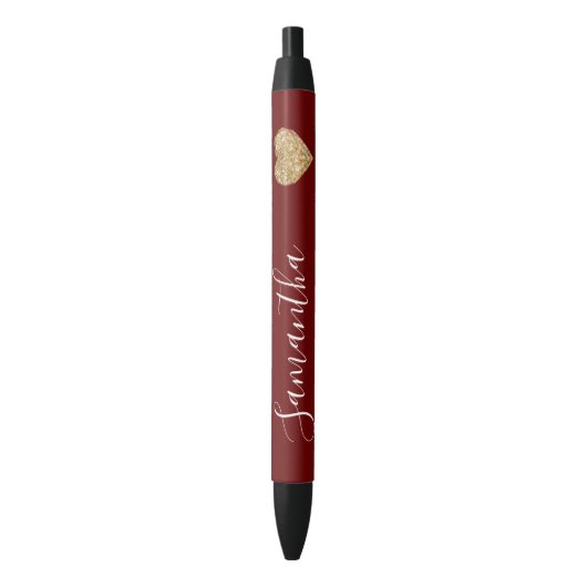 Red Gold Glitter Heart Persoonlijke naam Zwarte Inkt Pen (Voorkant Verticaal)