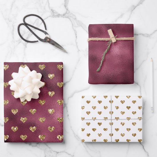 Red Gold Glitter Hearts Inpakpapier Vel (Voorkant)