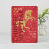 Red Gold Glitter Horse Lunar New Year Party Kaart (Staand voorkant)