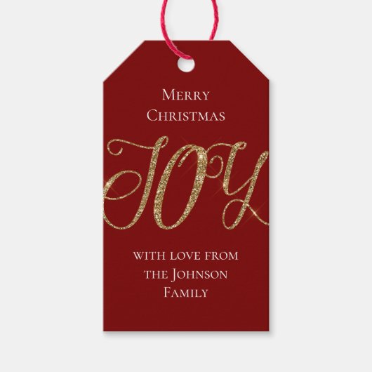 Red Gold Glitter Joy Christmas Cadeaulabel (Voorkant)