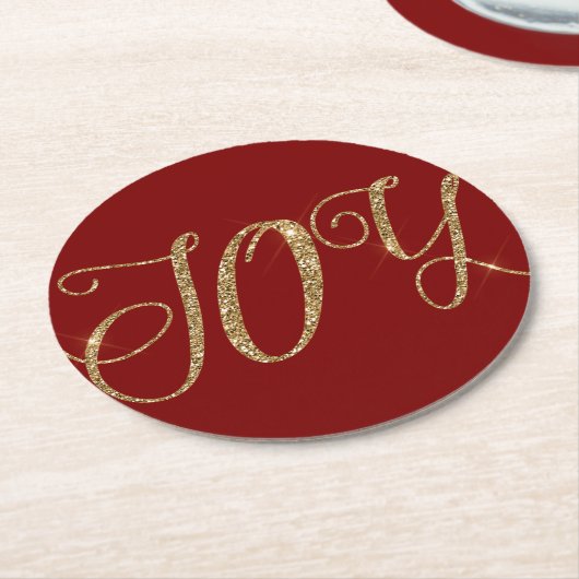 Red Gold Glitter Joy Christmas Ronde Kartonnen Onderzetter (Gebogen)