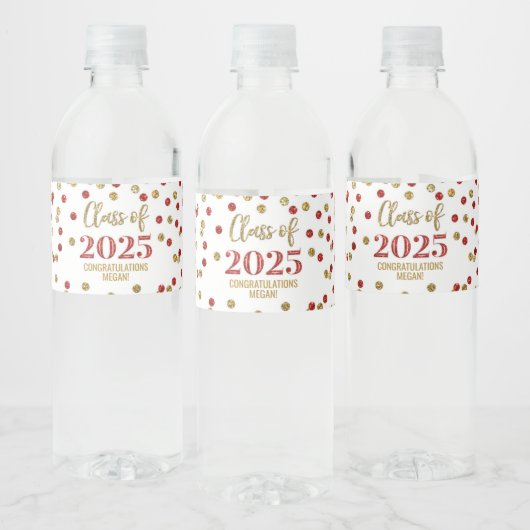 Red Gold Glitter Klasse van 2025 Afstuderen Waterfles Etiket (Flessen)