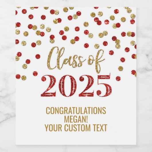Red Gold Glitter Klasse van 2025 Afstuderen Wijn Etiket (Enkel label)