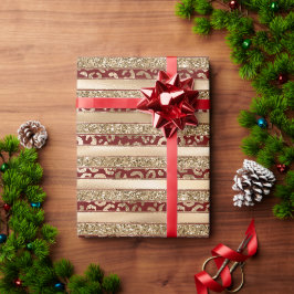 Red Gold Glitter Leopard Print Stripes Cadeaupapier