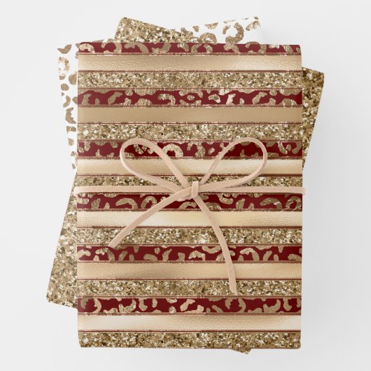 Red Gold Glitter Leopard Print Stripes Inpakpapier Vel (In situ)