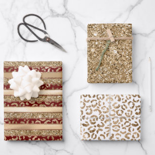 Red Gold Glitter Leopard Print Stripes Inpakpapier Vel