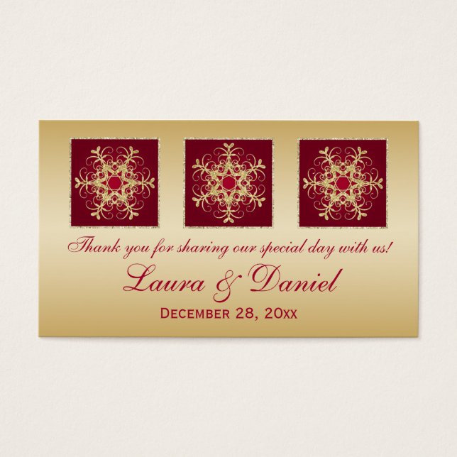 Red Gold Glitter LOOK Snowflakes Weddenschap Label Visitekaartje (Voorkant)
