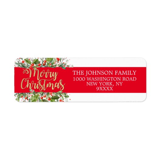 RED Gold Glitter Merry kerst Holly Etiket (Voorkant)