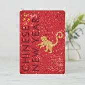 Red Gold Glitter Monkey Lunar New Year Party Kaart (Staand voorkant)