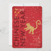 Red Gold Glitter Monkey Lunar New Year Party Kaart (Voorkant)
