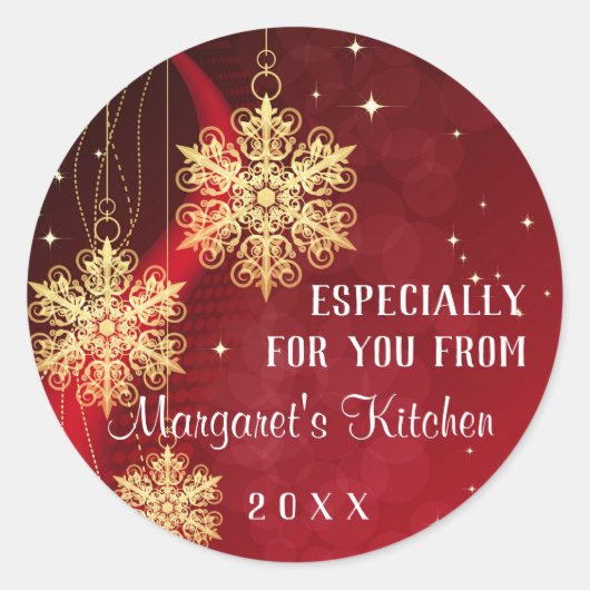 Red Gold Glitter Ornament Aangepaste Kerstvakantie Ronde Sticker (Voorkant)
