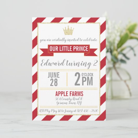 Red Gold Glitter Prince Birthday Uitnodiging (Staand voorkant)