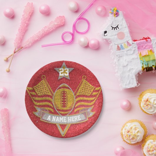 Red & Gold Glitter School Football Team Sport Papieren Bordje (Feest)