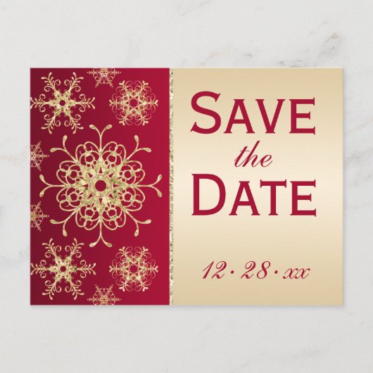 Red Gold Glitter Sneeuwvlokken Save the Date Brief Aankondigingskaart (Voorkant)