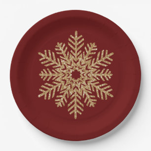 Red Gold Glitter Snowflake Papieren Bordje