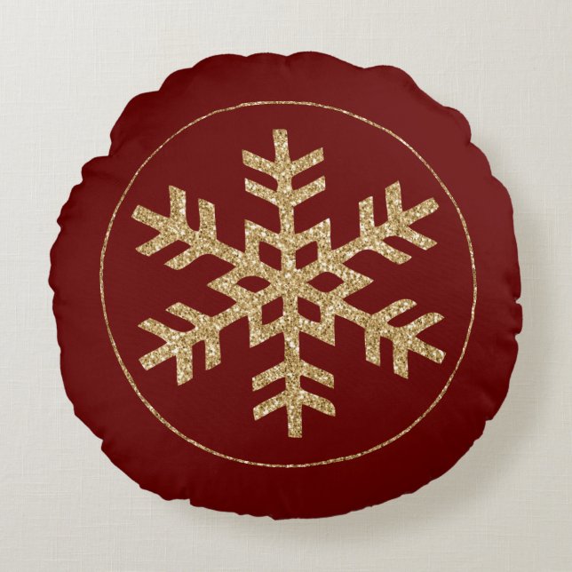 Red Gold Glitter Snowflake Rond Kussen (Voorkant)