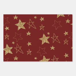 Red Gold Glitter Stars Inpakpapier Vel