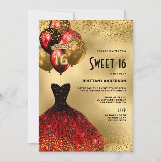 Red Gold Glitter Tiara Dress Sweet 16 verjaardag Kaart (Voorkant)
