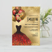 Red Gold Glitter Tiara Dress Sweet 16 verjaardag Kaart (Staand voorkant)