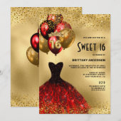 Red Gold Glitter Tiara Dress Sweet 16 verjaardag Kaart (Voorkant / Achterkant)
