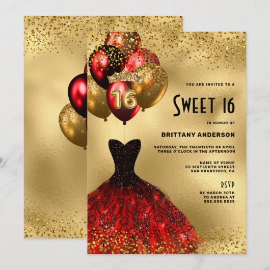 Red Gold Glitter Tiara Dress Sweet 16 verjaardag Kaart (Voorkant / Achterkant)